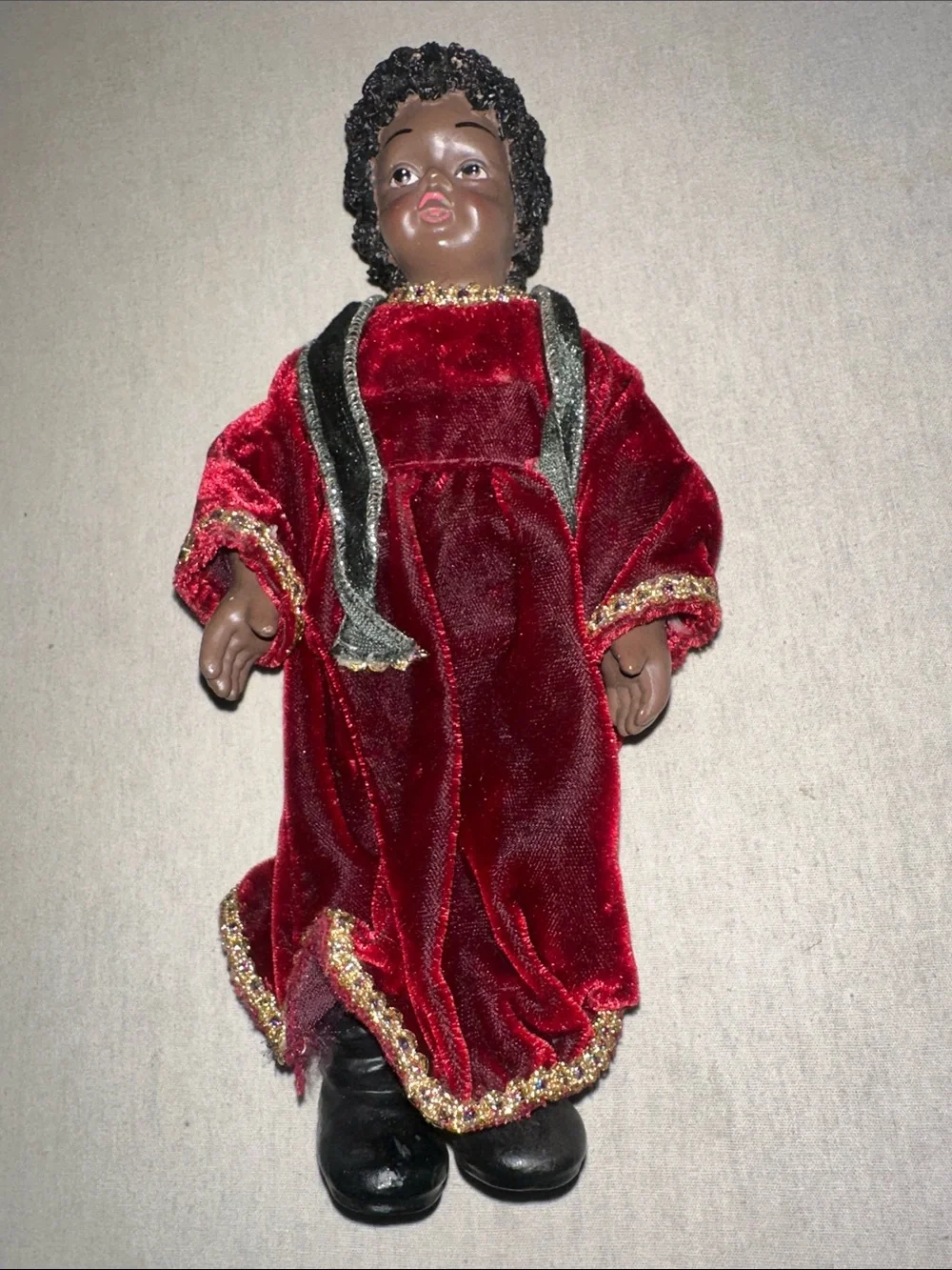 Vintage-Inspired Collectible Red Velvet Porcelain Doll in Festive Robe